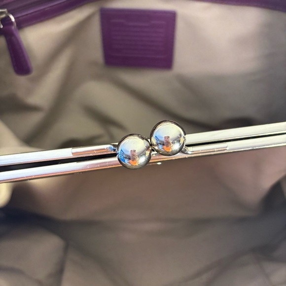 Coach Brown Canvas Tote Shoulder Bag w/ Purple Strip & Handles - Picture 4 of 11